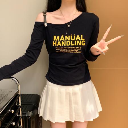 FA38787# 设计感肩带可调节字母印花长袖T恤女时尚显瘦露肩上衣潮 服裝批發女裝批發服飾貨源
