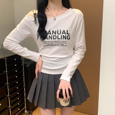FA38787# 设计感肩带可调节字母印花长袖T恤女时尚显瘦露肩上衣潮 服裝批發女裝批發服飾貨源