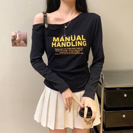 FA38787# 设计感肩带可调节字母印花长袖T恤女时尚显瘦露肩上衣潮 服裝批發女裝批發服飾貨源