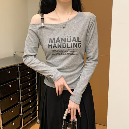 FA38787# 设计感肩带可调节字母印花长袖T恤女时尚显瘦露肩上衣潮 服裝批發女裝批發服飾貨源