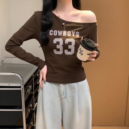 FA38788# 植绒印花设计感小众斜领露肩时尚百搭长袖T恤女上衣辣妹 服裝批發女裝批發服飾貨源