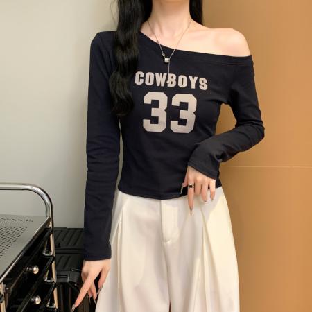 FA38788# 植绒印花设计感小众斜领露肩时尚百搭长袖T恤女上衣辣妹 服裝批發女裝批發服飾貨源