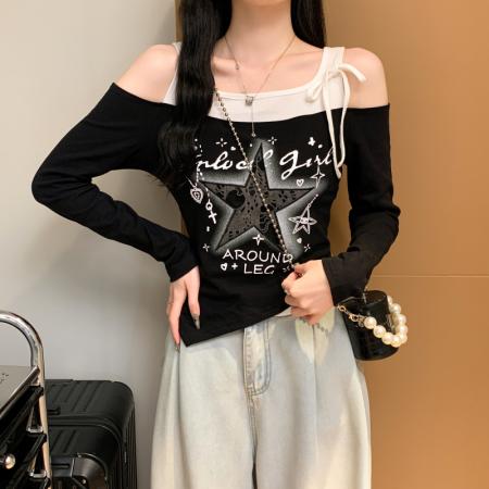 FA38790# 美式印花时尚潮流百搭辣妹露肩个性长袖T恤女上衣 服裝批發女裝批發服飾貨源
