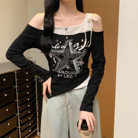 FA38790# 美式印花时尚潮流百搭辣妹露肩个性长袖T恤女上衣 服裝批發女裝批發服飾貨源