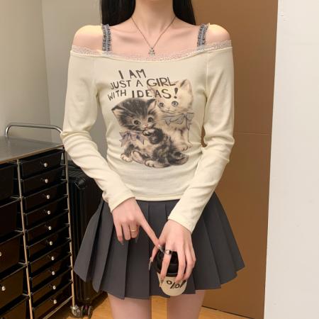 FA38791# 小猫印花一字肩洋气纯欲风长袖T恤女上衣修身短款辣妹 服裝批發女裝批發服飾貨源