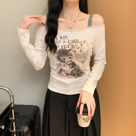 FA38791# 小猫印花一字肩洋气纯欲风长袖T恤女上衣修身短款辣妹 服裝批發女裝批發服飾貨源