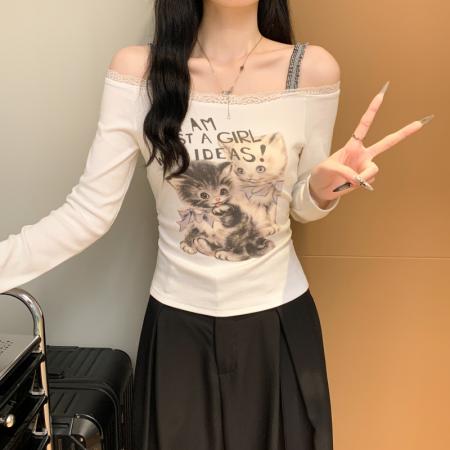 FA38791# 小猫印花一字肩洋气纯欲风长袖T恤女上衣修身短款辣妹 服裝批發女裝批發服飾貨源