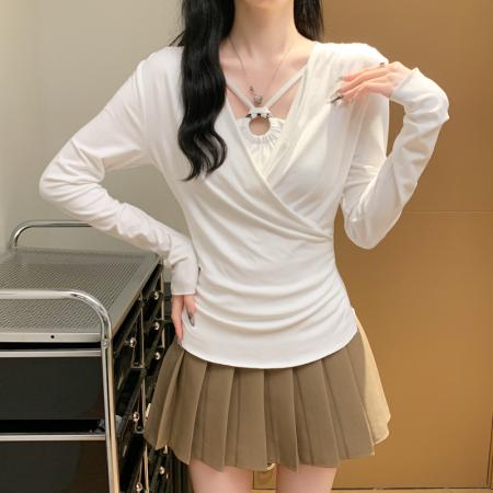 FA38792# 假两件长袖针织修身显瘦内搭打底衫显瘦外穿内搭上衣 服裝批發女裝批發服飾貨源
