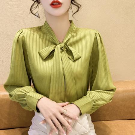 FA38793# 秋季休闲宽松蝴蝶结条纹雪纺衫衬衫女上衣休闲职业风OL 服裝批發女裝批發服飾貨源