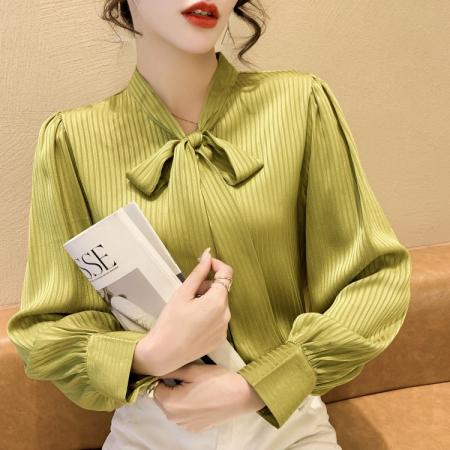 FA38793# 秋季休闲宽松蝴蝶结条纹雪纺衫衬衫女上衣休闲职业风OL 服裝批發女裝批發服飾貨源