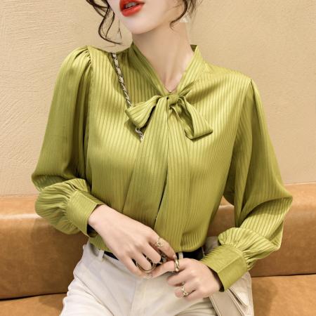 FA38793# 秋季休闲宽松蝴蝶结条纹雪纺衫衬衫女上衣休闲职业风OL 服裝批發女裝批發服飾貨源