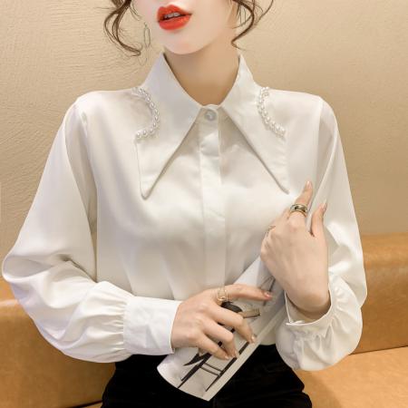 FA38794# 秋季新款设计感小众珍珠领洋气时尚长袖雪纺衬衫女上衣 服裝批發女裝批發服飾貨源