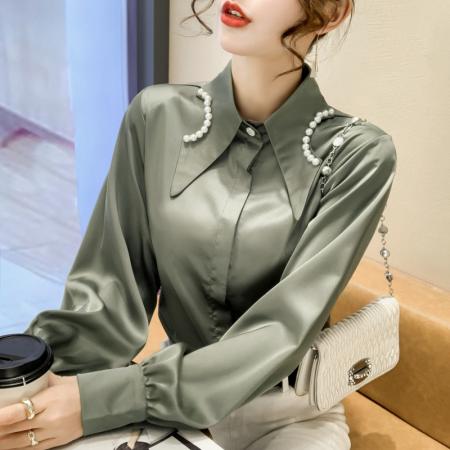 FA38794# 秋季新款设计感小众珍珠领洋气时尚长袖雪纺衬衫女上衣 服裝批發女裝批發服飾貨源