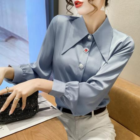 FA38795# 秋季新款韩版宽松气质高级缎面白色长袖衬衫女上衣正式 服裝批發女裝批發服飾貨源