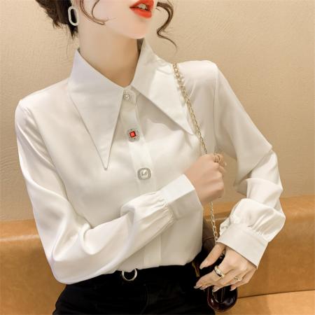 FA38795# 秋季新款韩版宽松气质高级缎面白色长袖衬衫女上衣正式 服裝批發女裝批發服飾貨源