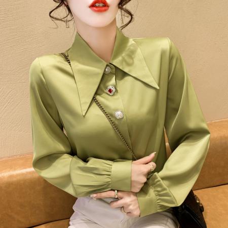 FA38795# 秋季新款韩版宽松气质高级缎面白色长袖衬衫女上衣正式 服裝批發女裝批發服飾貨源