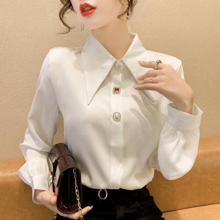 FA38795# 秋季新款韩版宽松气质高级缎面白色长袖衬衫女上衣正式 服裝批發女裝批發服飾貨源