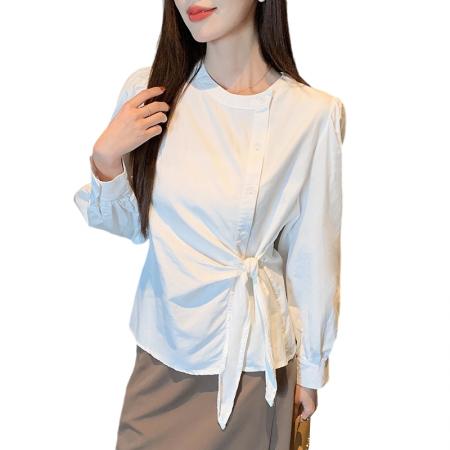 FA38797# 秋季新款韩版百搭系带棉质长袖衬衫女上衣秋 服裝批發女裝批發服飾貨源