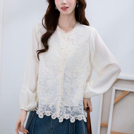 FA38798# 秋季新款韩版百搭刺绣面料长袖衬衫女上衣新品 服裝批發女裝批發服飾貨源