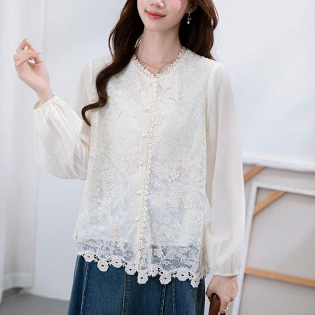 FA38798# 秋季新款韩版百搭刺绣面料长袖衬衫女上衣新品 服裝批發女裝批發服飾貨源