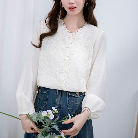 FA38798# 秋季新款韩版百搭刺绣面料长袖衬衫女上衣新品 服裝批發女裝批發服飾貨源