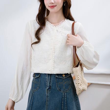 FA38798# 秋季新款韩版百搭刺绣面料长袖衬衫女上衣新品 服裝批發女裝批發服飾貨源