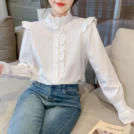 FA38800# 秋季新款百搭木耳边长袖棉质白衬衫女上衣秋 服裝批發女裝批發服飾貨源