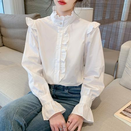 FA38800# 秋季新款百搭木耳边长袖棉质白衬衫女上衣秋 服裝批發女裝批發服飾貨源