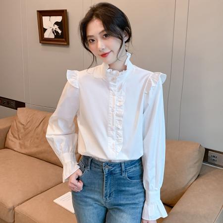 FA38800# 秋季新款百搭木耳边长袖棉质白衬衫女上衣秋 服裝批發女裝批發服飾貨源