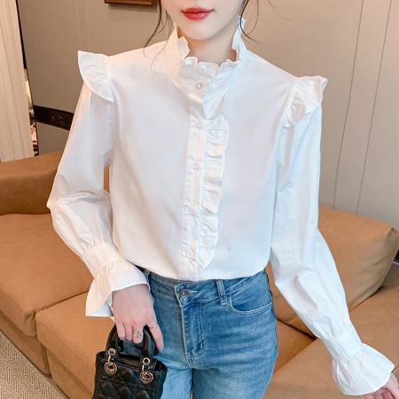 FA38800# 秋季新款百搭木耳边长袖棉质白衬衫女上衣秋 服裝批發女裝批發服飾貨源