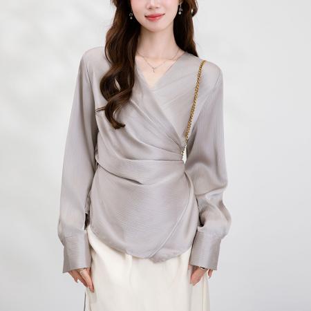 FA38802# 秋季新款韩版百搭系带V领长袖衬衫女上衣秋 服裝批發女裝批發服飾貨源