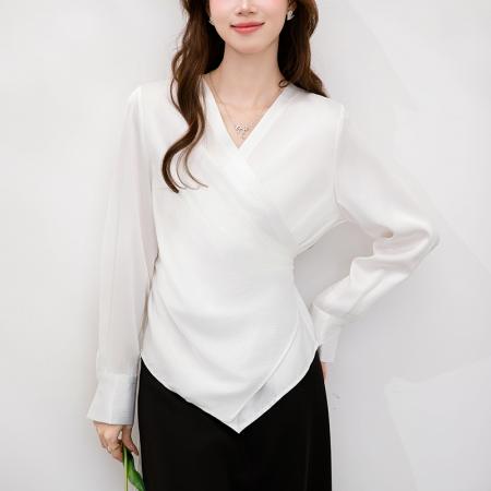 FA38802# 秋季新款韩版百搭系带V领长袖衬衫女上衣秋 服裝批發女裝批發服飾貨源