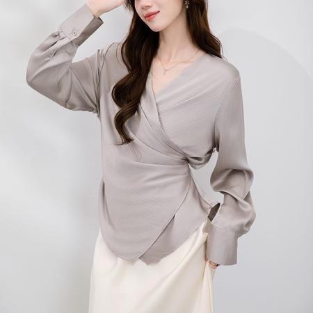 FA38802# 秋季新款韩版百搭系带V领长袖衬衫女上衣秋 服裝批發女裝批發服飾貨源