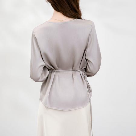 FA38802# 秋季新款韩版百搭系带V领长袖衬衫女上衣秋 服裝批發女裝批發服飾貨源