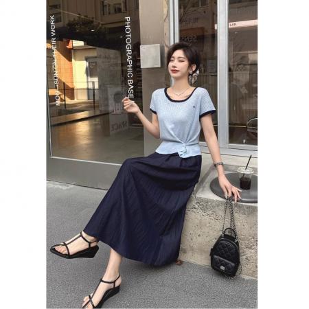 FA38813# 夏季新款时尚通勤百搭针织衫修身显瘦撞色设计感别致小衫打结上衣 服裝批發女裝批發服飾貨源