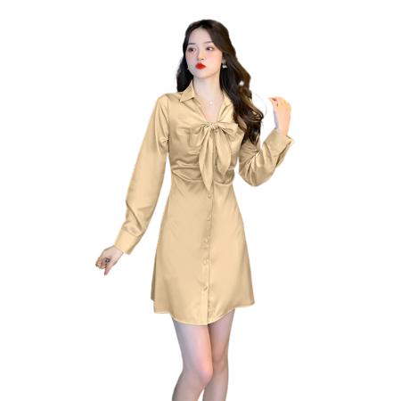 FA38817# 秋季新款打底缎面蝴蝶结修身显瘦气质衬衫连衣裙 服裝批發女裝批發服飾貨源