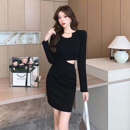 FA38821# 辣妹春装新款女斜领长袖连衣裙镂空设计感露腰性感打底裙子 服裝批發女裝批發服飾貨源