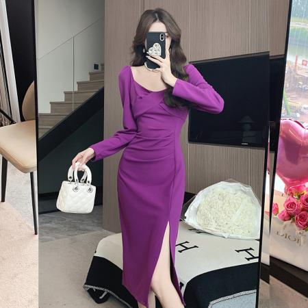 FA38824# 名媛气质温柔方领长袖连衣裙女秋季法式复古修身开叉长裙 服裝批發女裝批發服飾貨源