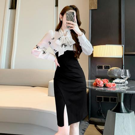 FA38825# 新款女高端撞色拼接蝴蝶结长袖收腰显瘦开叉连衣裙 服裝批發女裝批發服飾貨源