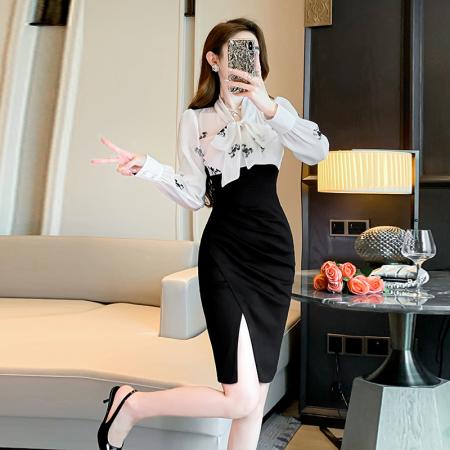 FA38825# 新款女高端撞色拼接蝴蝶结长袖收腰显瘦开叉连衣裙 服裝批發女裝批發服飾貨源