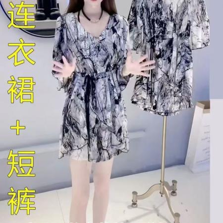 YF5827# 图片色甜美微喇叭中袖套头绑绳收腰扎染碎花连衣裙搭外穿短裤套装