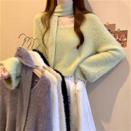 YF5825# 韩版柔软水貂毛长袖圆领围巾系领高级感毛衣外套
