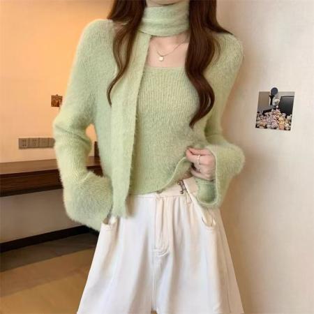 YF5825# 韩版柔软水貂毛长袖圆领围巾系领高级感毛衣外套