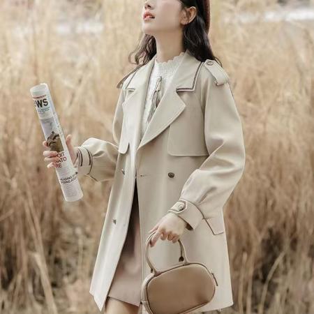 YF5823# 图片色英伦风长袖连肩设计翻领双排扣系腰短款风衣 休闲外套
