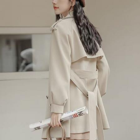 YF5823# 图片色英伦风长袖连肩设计翻领双排扣系腰短款风衣 休闲外套