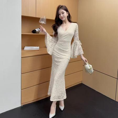 FA38827# 秋冬新款名媛气质高级感性感喇叭袖蕾丝连衣裙 服裝批發女裝批發服飾貨源