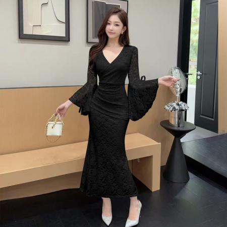 FA38827# 秋冬新款名媛气质高级感性感喇叭袖蕾丝连衣裙 服裝批發女裝批發服飾貨源