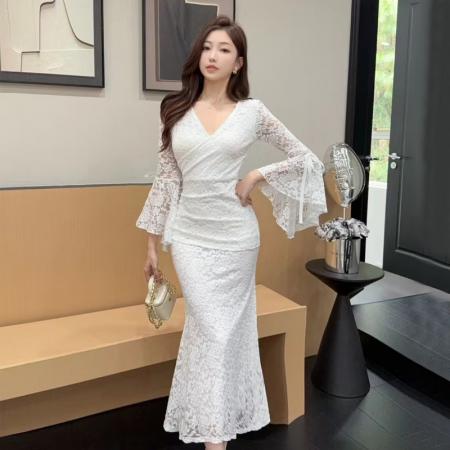 FA38827# 秋冬新款名媛气质高级感性感喇叭袖蕾丝连衣裙 服裝批發女裝批發服飾貨源