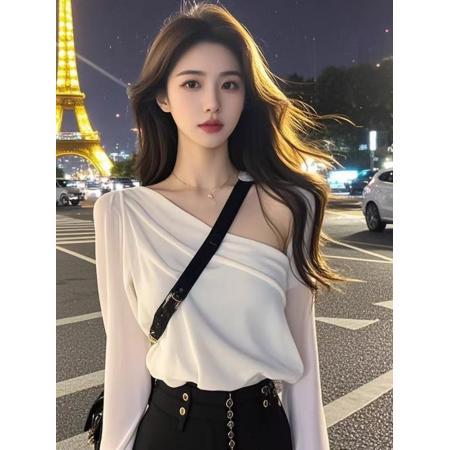 FA38835# 纯欲甜辣风斜领长袖内搭上衣女秋季新款气质百搭雪纺打底衫 服裝批發女裝批發服飾貨源