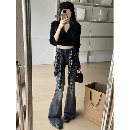 FA38837# 美式设计感微喇牛仔裤女早秋新款渐变水洗修身显瘦喇叭拖地裤 服裝批發女裝批發服飾貨源
